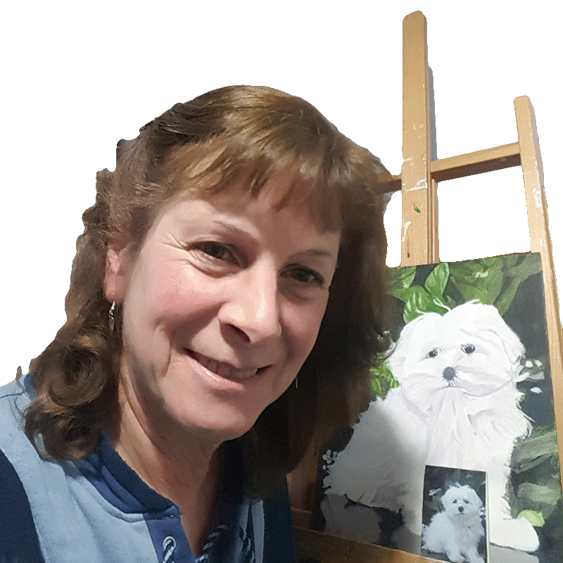 artist trish darcy with west highland terrier dog painting artist trish darcy with west highland terrier dog painting